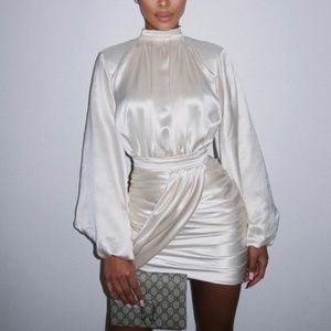 HOUSE OF CB 'Khristen' Ivory Satin Blouson Dress /Size M NWOT